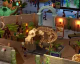Zwiedzający podziwiają szkielet dinozaura w **two point museum**. W tle widać zielonego dinozaura i prehistoryczne eksponaty.