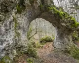 Arco natural cubierto de musgo en la sierra de Entzia, con un bosque otoñal al fondo.