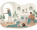 Ilustracja przedstawia ludzi ćwiczących i piszących w przytulnym salonie z roślinami.