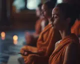 Människor i orange kläder sitter i meditation, en scen av buddistisk frid.