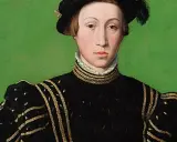 Portret młodego mężczyzny w czarnym stroju z bogatymi złotymi zdobieniami, w czapce z piórem. Wygląda jak vivente rege, gotowy na panowanie.