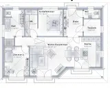 Grundriss eines Bungalows mit Wohn-Esszimmer, Küche, Schlafzimmer, Bad, Zimmer 2, Diele, WC und Technikraum. Ideal zum Bungalow planen.