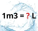 Ile to 1m3? Woda rozpryskuje się wokół napisu, tworząc pytanie o przeliczenie jednostek objętości.