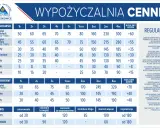 Cennik wypożyczalni sprzętu narciarskiego i snowboardowego z podziałem na czas i rodzaj sprzętu.
