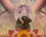 Baran z ozdobnym kwiatkiem, otoczony przez astrologiczny krąg i księżyc. To symbolika "Mars w Baranie", pełna energii i odwagi.