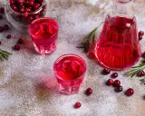 Två glas med röd vargtass drink, en karaff, tranbär och rosmarin på ett pudrat underlag.