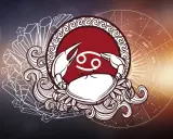 Symbol Raka, znaku zodiaku, z datą urodzenia. Stylizowany rak otoczony kryształami i kołem zodiaku.