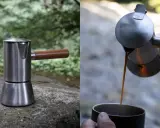 Edler Bialetti Espressokocher aus Edelstahl mit Holzgriff, bereit für den perfekten Kaffee. Die Anleitung ist einfach: Wasser rein, Kaffee rein, erhitzen, genießen.