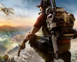 Żołnierz z Tom Clancy's Ghost Recon obserwuje teren z pistoletem w dłoni. W tle helikopter i spadochroniarze.