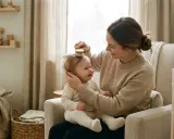 Mamma borstar försiktigt sin bebis som tappar lite hår. En mysig stund i fåtöljen.