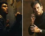 Två män i dramatiska scener från Harlan Coben serier. En ung man trycker sig mot en vägg, en annan man pratar i telefon med ett sår på handen.