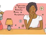 Modello PERMA: emozioni positive, coinvolgimento, relazioni, significato e realizzazioni. Una donna riflette su questi elementi per il benessere.