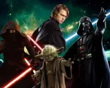 Kylo Ren, Anakin Skywalker, Yoda i Darth Vader z mieczami świetlnymi. Bohaterowie z gier Star Wars gotowi do walki.