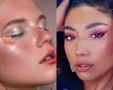 Dos looks de maquillaje: uno con delineado artístico en **línea de agua** y sombras plateadas, el otro con sombras rosas, pedrería y delineado dramático.