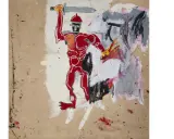 A red warrior, in the style of Basquiat, raises a sword against abstract, fiery chaos.