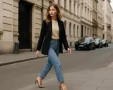 Elegancka kobieta w jasnych jeansach i czarnym blazerze, na nogach beżowe szpilki, idzie ulicą miasta.
