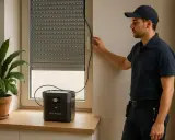 Technik pokazuje, jak otworzyć kasetę rolety zewnętrznej, używając przenośnej stacji zasilania.