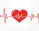Czerwone serce z linią EKG. Tętno 150 uderzeń na minutę, symbolizujące szybkie bicie serca.
