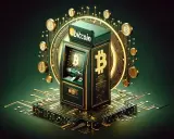 Bitomat, jak działa? Złote monety Bitcoin i obwody drukowane otaczają futurystyczny bankomat.