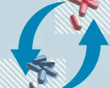 Flechas azules indican un ciclo, mostrando pastillas rojas y azules. Consulta sobre cada cuanto alternar paracetamol e ibuprofeno.