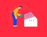 Hombre con dinero verde planea sus gastos compra vivienda, construyendo una casa estilizada.