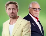 Ryan Gosling in a pastel suit and Brian Cox in a navy suit with a red ascot, showcasing stylish casual cocktail attire for men.