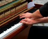 Mains sur le clavier d'un piano, prêt à jouer d'un instrument. Les marteaux et les cordes sont visibles.