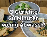 Drei schnelle Gerichte, zubereitet in 20 Minuten mit wenig Abwasch: Hähnchen mit Brokkoli, Lachs mit Kichererbsen und ein Salat.