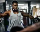 Ein Mann mit Kopfhörern trainiert im Fitnessstudio mit Hanteln. Seine Muskeln sind stark definiert, ein Zeichen für **progressive Belastung**.