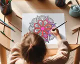 Ett barn sitter vid ett runt bord och färglägger en mandala med färgpennor.