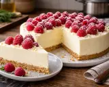 Pyszny sernik z mascarpone, udekorowany malinami i cukrem pudrem. Idealny na deser.