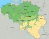 Mapa Belgii w Europie z zaznaczonymi miastami jak Bruksela, Antwerpia, Gandawa.