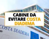 Cabine da evitare sulla Costa Diadema. La nave da crociera vista da vicino, con il nome ben visibile.
