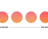 Cerchi con gradiente da rosa ad arancio, da bassa ad alta densità di puntini, creati in 300 dpi Photoshop.
