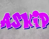 Graffiti violet "ASKIP" sur fond gris. Askip, c'est le mot qui fait le buzz, ici stylisé en lettres audacieuses.