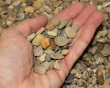 Mano sosteniendo una variedad de guijarros, mostrando que son los áridos, pequeños fragmentos de roca y minerales.