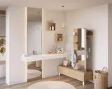 Chambre parentale avec salle de bain épurée, baignoire îlot, double vasque et dressing intégré. Ambiance zen et naturelle.