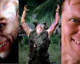 Willem Dafoe i hans ikoniska roller i filmer. En bildkollage med hans ansikte i närbild, en soldat i djungeln och ett läskigt leende.