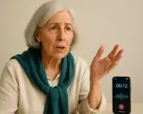 Anziana con espressione preoccupata, mentre un telefono registra la sua voce, forse per monitorare un possibile decadimento cognitivo.