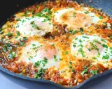Huevos pochados en salsa de tomate y pimientos, un plato perfecto para tus recetas con huevos. Espolvoreado con perejil fresco.