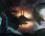 Ein weißer Wolf, ein Mann mit Hörnerhelm und ein riesiger Drache im Wasser. Dies ist ein Bild, das zeigt, was ist Mythologie: alte Geschichten voller Magie und Monster.
