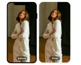 Comparación de edición fotográfica: antes y después. Una mujer con traje blanco, antes borrosa, ahora nítida y detallada.