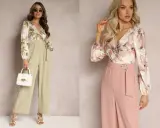 Dwie kobiety w eleganckich kombinezonach z kwiatowym wzorem i szerokimi nogawkami.