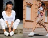 Białe buty damskie pasują do eleganckich spodni w paski i do błyszczącej spódnicy. Stylowe zestawy na co dzień i na wieczór.