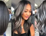 Tres estilos de cabello oscuro con mechas plateadas y grises para disimular canas.