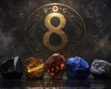 Pięć kryształów przed złotym znakiem nieskończoności i zodiaku. Numerologiczna 8 symbolizuje moc i równowagę.