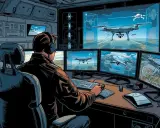 Operator drona zarobki: mężczyzna w słuchawkach steruje dronami na wielu monitorach, analizując dane lotu i mapy.