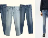 Tre paia di jeans in diverse tonalità di blu, con un uomo che indossa jeans slim fit. Il jeans slim fit significato è un taglio moderno e versatile.