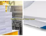 Pilares de papel para impresión offset y un fajo de papel couché o estucado en un paquete azul.