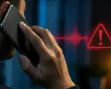 Mann telefoniert, während Warnsymbole und ein Haken auf dem Bildschirm erscheinen. Beispiele für Vishing, bei denen Betrüger versuchen, per Telefon an Daten zu gelangen.